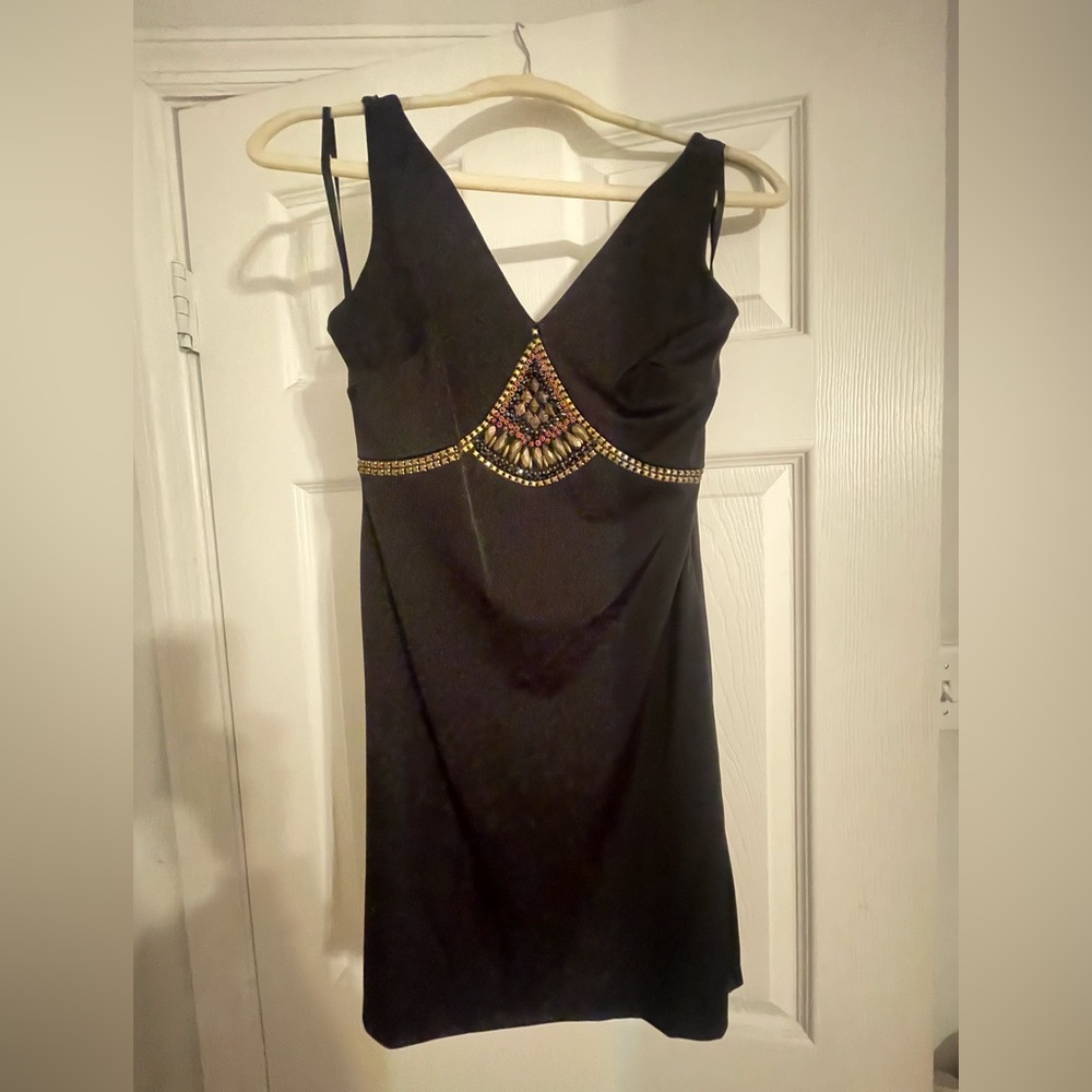 Bebe black satin dress with bead accents